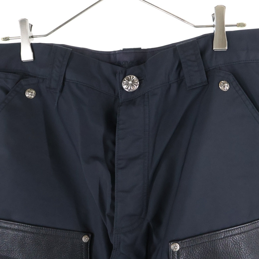 CHROME HEARTS(クロムハーツ) CARPENTER DOUBLE KNEE クロスパッチ付きレザー切替 ナイロンカーペンターロングパンツ ブラック