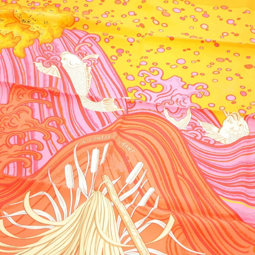 HERMES(エルメス) カレ90 鯉の滝登り CONTRE-COURANT オレンジ シルク スカーフ