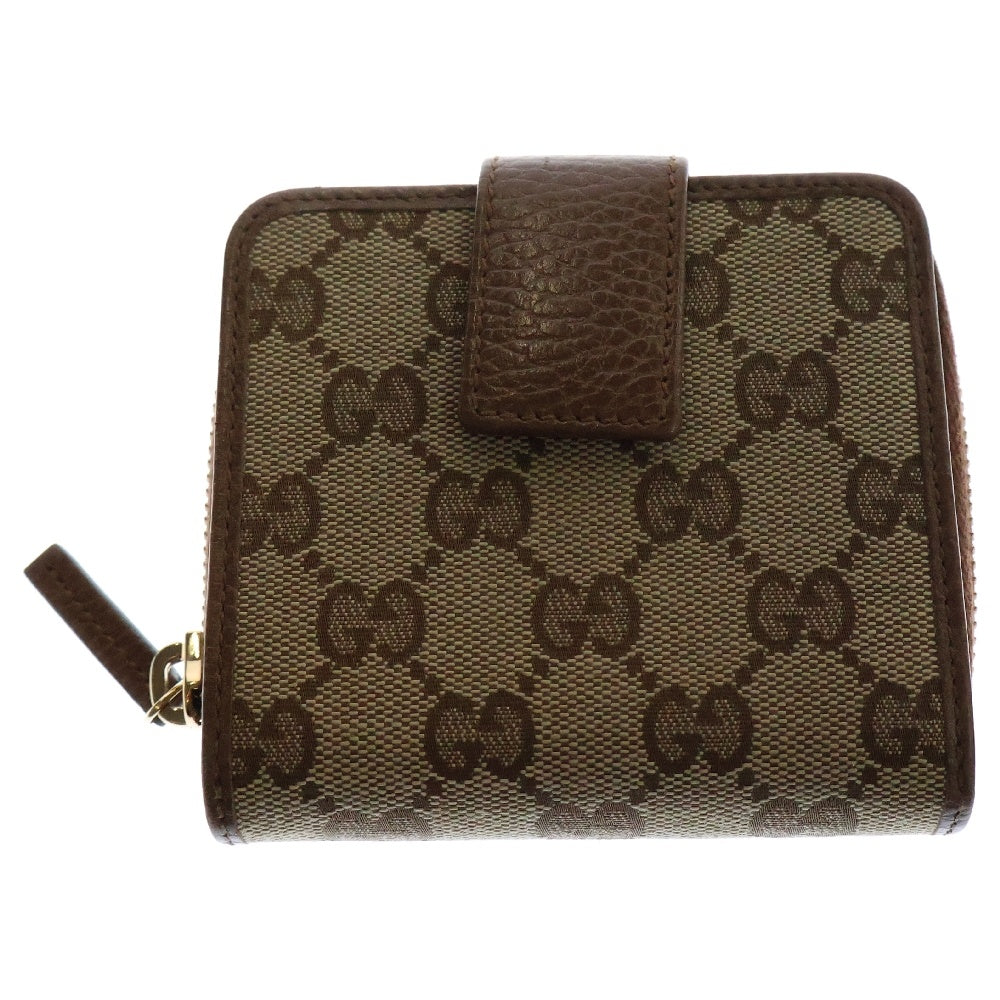 GUCCI(グッチ) GGキャンバス ラウンドファスナー 二つ折り財布 コインケース ブラウン レザー×キャンバス ゴールド金具 346056