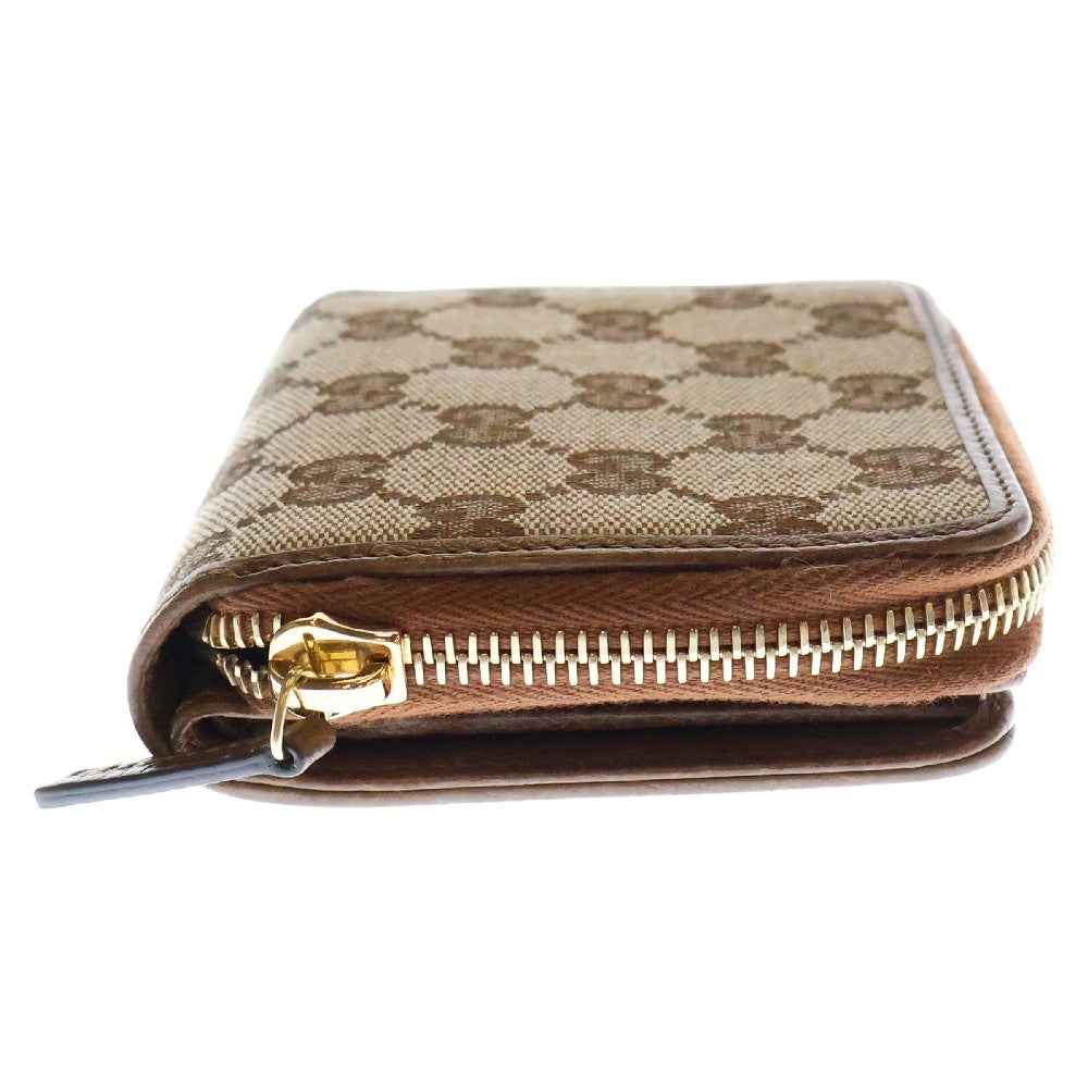 GUCCI(グッチ) GGキャンバス ラウンドファスナー 二つ折り財布 コインケース ブラウン レザー×キャンバス ゴールド金具 346056