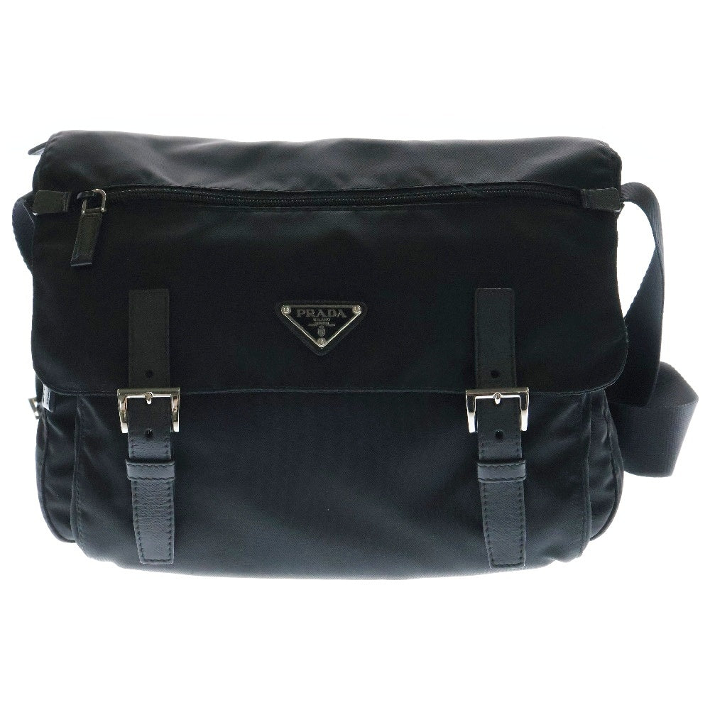 PRADA(プラダ) メッセンジャーバッグ ショルダーバッグ ブラック シルバー金具 トライアングルロゴプレート ナイロン×レザー BT6671