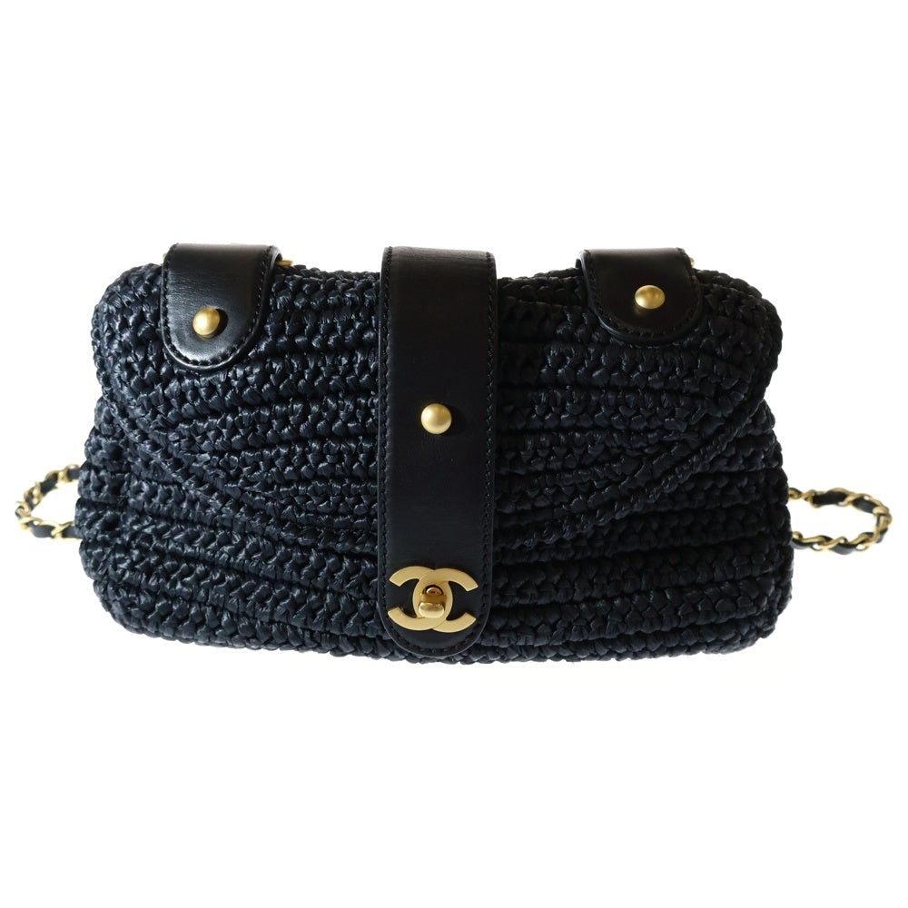 CHANEL(シャネル) ラフィア28 チェーンショルダーバッグ S/S カゴバッグ ネイビー ゴールド金具