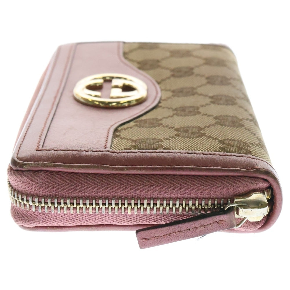 GUCCI(グッチ) GGキャンバス ラウンドファスナー ロングウォレット 長財布 ゴールド金具 ピンク×ベージュ レザー×ベージュ 308012