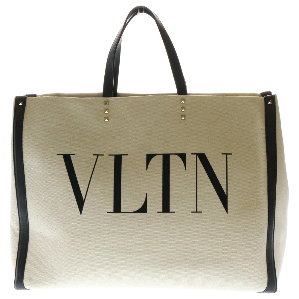 VALENTINO(ヴァレンティノ) ガラヴァーニ ロックスタッズ トートバッグ ハンドバッグ ブラック×アイボリー レザー×キャンバス ゴールド金具