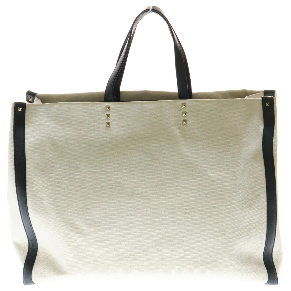 VALENTINO(ヴァレンティノ) ガラヴァーニ ロックスタッズ トートバッグ ハンドバッグ ブラック×アイボリー レザー×キャンバス ゴールド金具