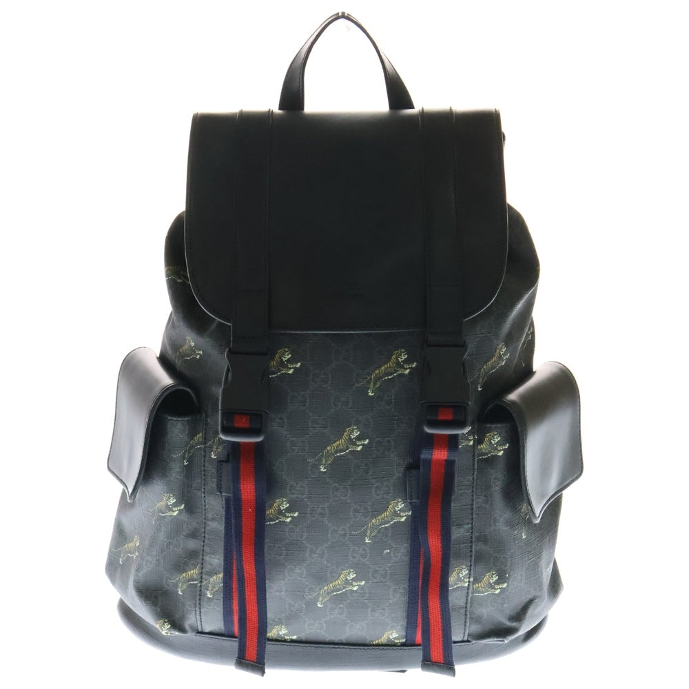 GUCCI(グッチ) GGスプリーム バッグパック リュックサック タイガー ブラック PVC×レザー 495563