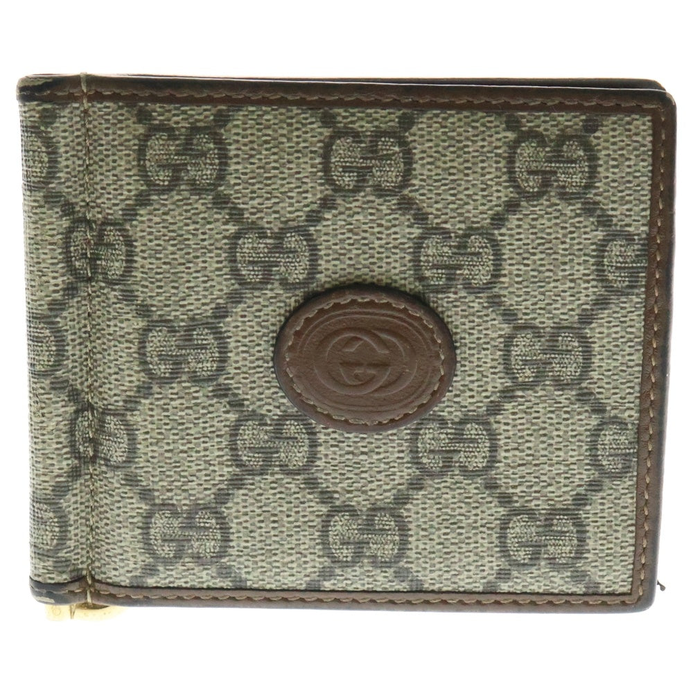 GUCCI(グッチ) GGスプリーム 二つ折り財布 コンパクトウォレット カードケース マネークリップ ブラウン×ベージュ ゴールド金具 PVC×レザー 700686