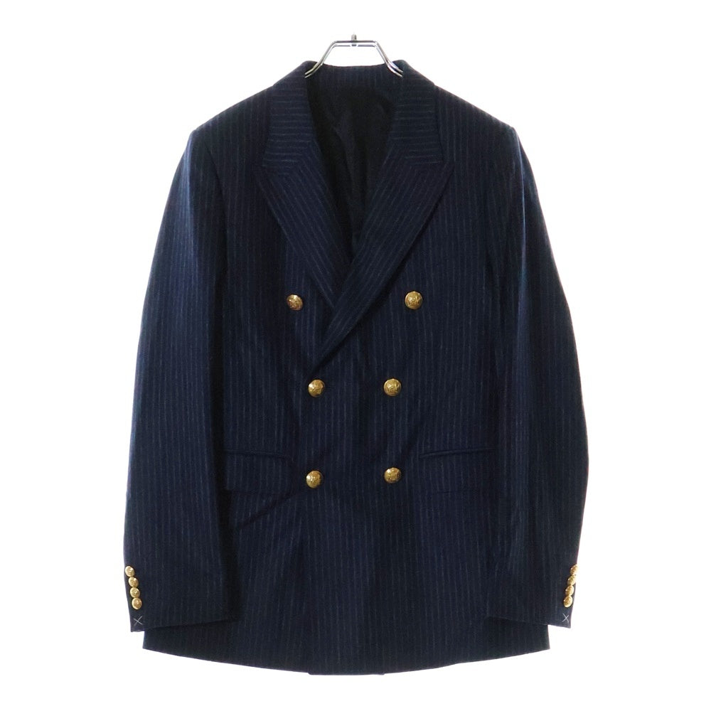 CELINE(セリーヌ) チョークストライプ総柄 ダブルブレスト ピークドラペル フランネルウール テーラードジャケット ブレザー ネイビー 2V98E920C