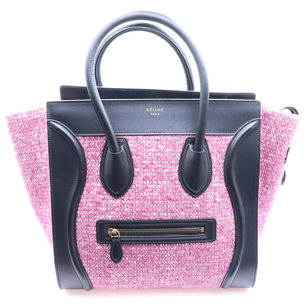 CELINE(セリーヌ) ラゲージ ミニ ショッパー トートバッグ ハンドバッグ ブラック×パープル ゴールド金具 ツイード×レザー
