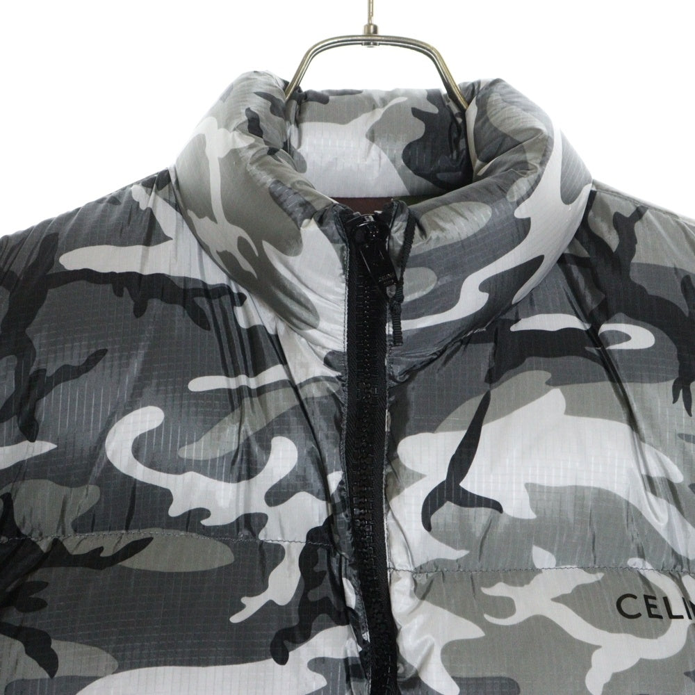 CELINE(セリーヌ) 22AW カモフラ 迷彩総柄 バックロゴプリント ジップアップ ダウンジャケット グレー/カーキ 2W771153Q