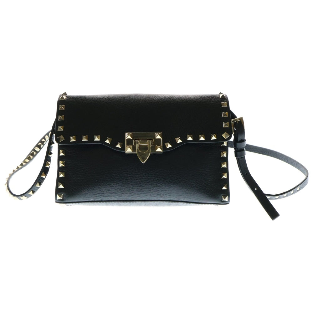 VALENTINO(ヴァレンティノ) ロックスタッズ レザー クロスボディ ショルダーバッグ ゴールド金具 ブラック