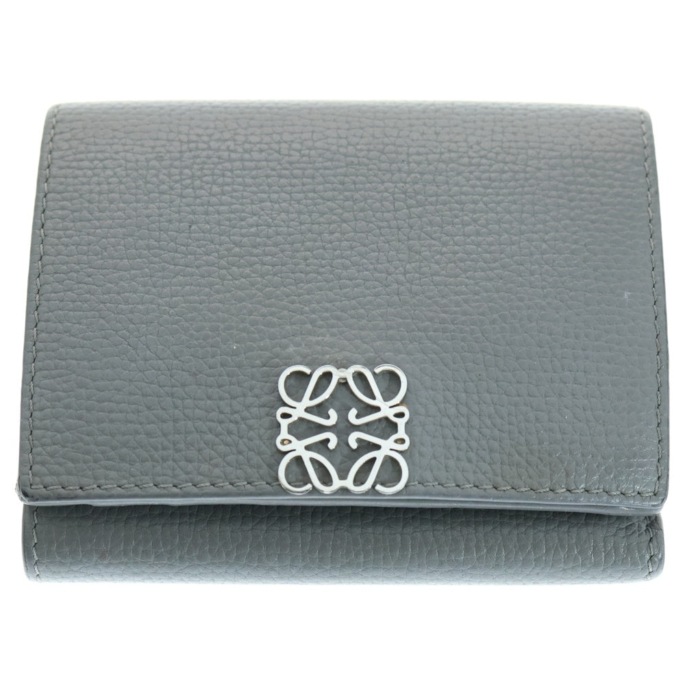 LOEWE(ロエベ) アナグラム ロゴプレート レザー コンパクトウォレット 三つ折り財布 シルバー金具 グレー