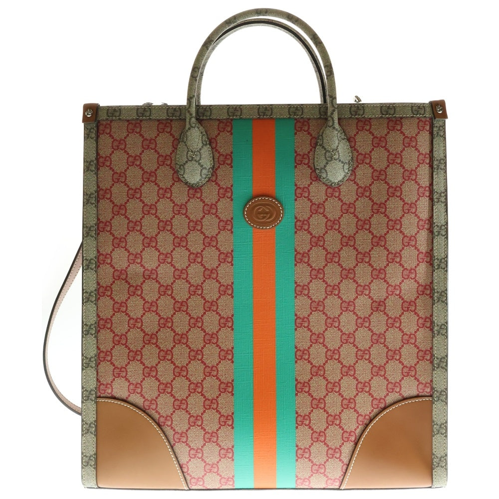 GUCCI(グッチ) GGスプリーム レザー ワッペンロゴ PVC 2WAY ハンド ショルダー トートバッグ ベージュ/レッド 723885