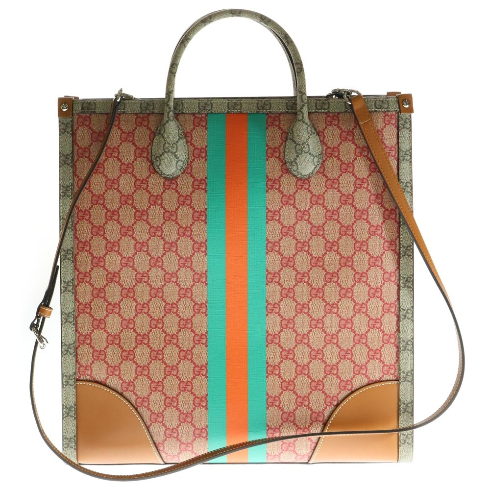 GUCCI(グッチ) GGスプリーム レザー ワッペンロゴ PVC 2WAY ハンド ショルダー トートバッグ ベージュ/レッド 723885