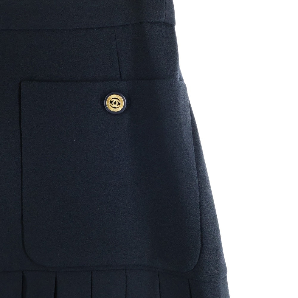 CHANEL(シャネル) ココマークボタン ポケット プリーツ ミディアム フレア スカート ブラック レディース
