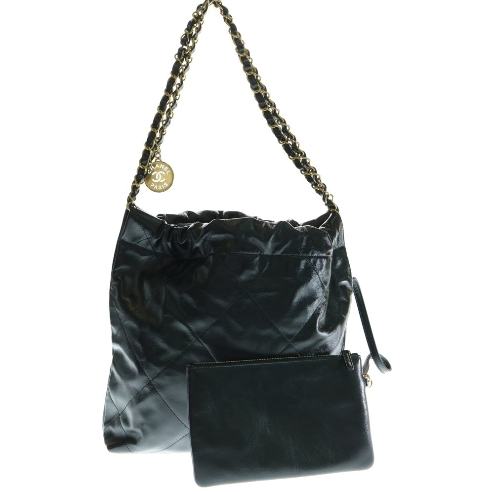 CHANEL(シャネル) シャネル22 スモール ハンドバッグ チェーンバッグ ブラック ゴールド金具 シャイニーカーフスキン プレート
