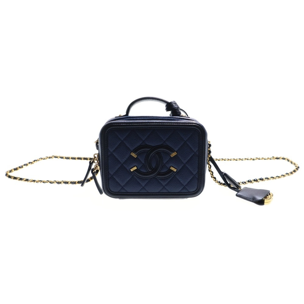 CHANEL(シャネル) CCフィグリー ミニチェーンショルダーバッグ ミニバッグ キャビアスキン ネイビー×ブラック ゴールド金具