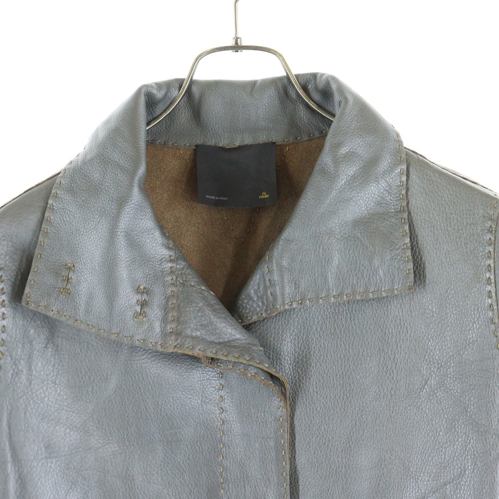 FENDI(フェンディ) メタリックレザー ステッチデザイン スタンドカラー ロング ジャケット コート グレー/シルバー