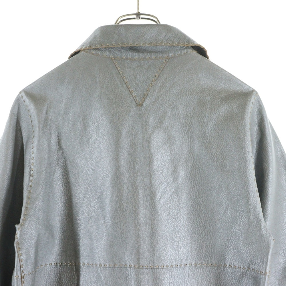 FENDI(フェンディ) メタリックレザー ステッチデザイン スタンドカラー ロング ジャケット コート グレー/シルバー