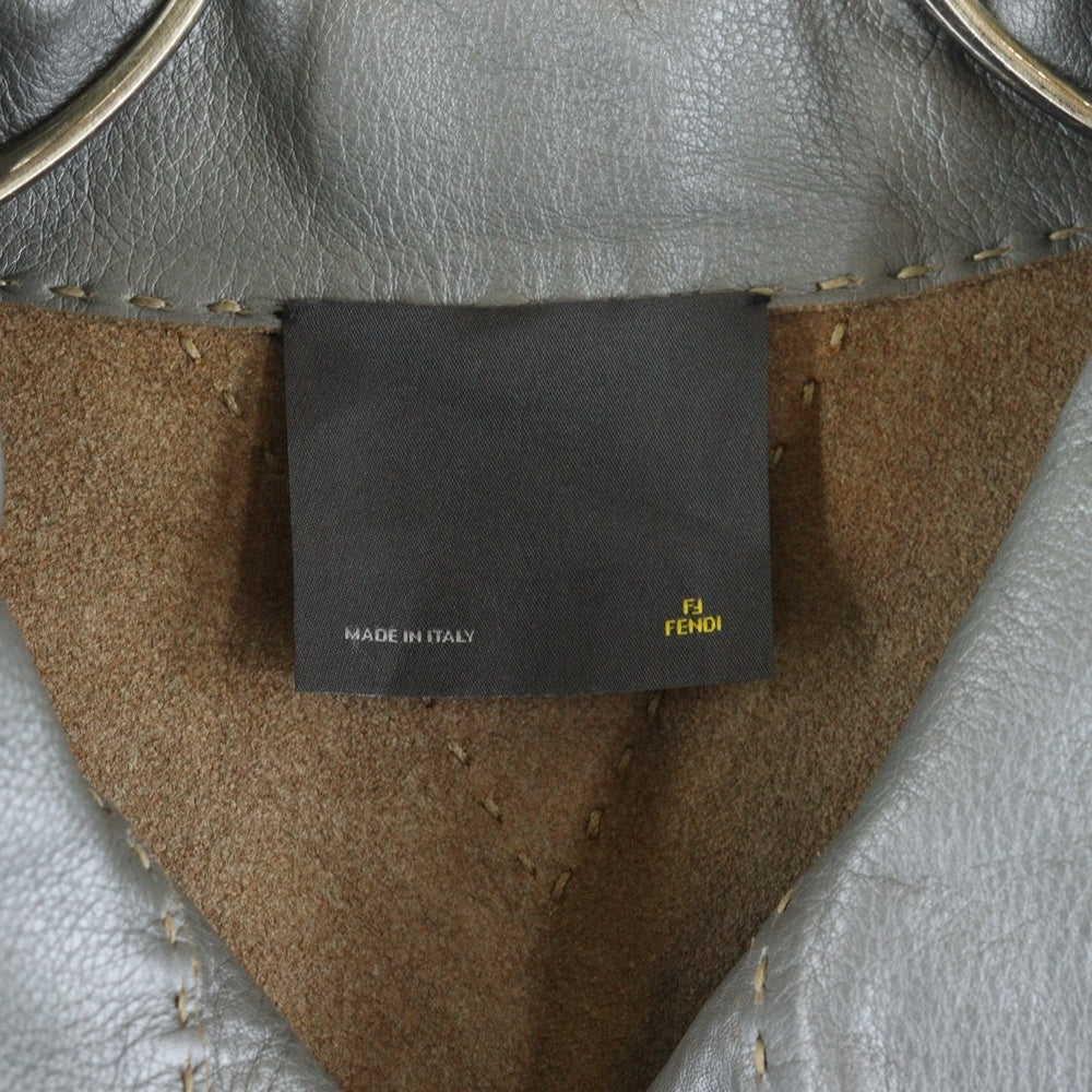 FENDI(フェンディ) メタリックレザー ステッチデザイン スタンドカラー ロング ジャケット コート グレー/シルバー