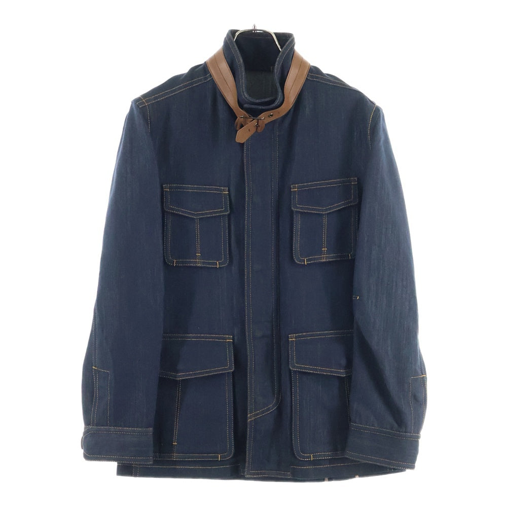 Berluti(ベルルッティ) レザーベルト デザイン シルク混 デニム スタンドカラー マルチポケット ジップアップ ジャケット インディゴ/ブラウン