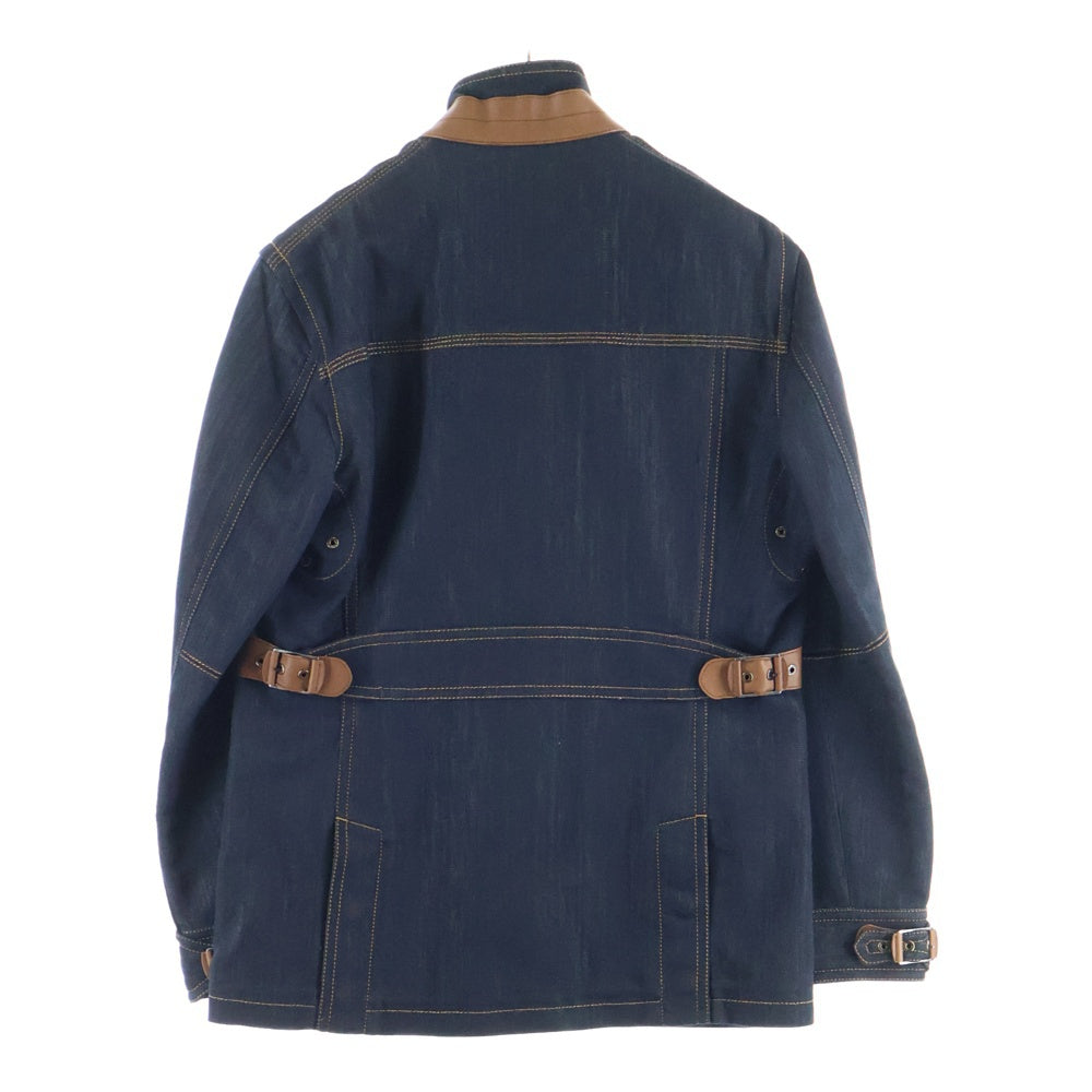 Berluti(ベルルッティ) レザーベルト デザイン シルク混 デニム スタンドカラー マルチポケット ジップアップ ジャケット インディゴ/ブラウン