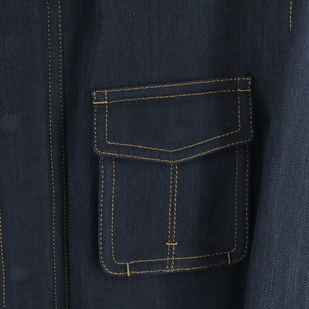 Berluti(ベルルッティ) レザーベルト デザイン シルク混 デニム スタンドカラー マルチポケット ジップアップ ジャケット インディゴ/ブラウン