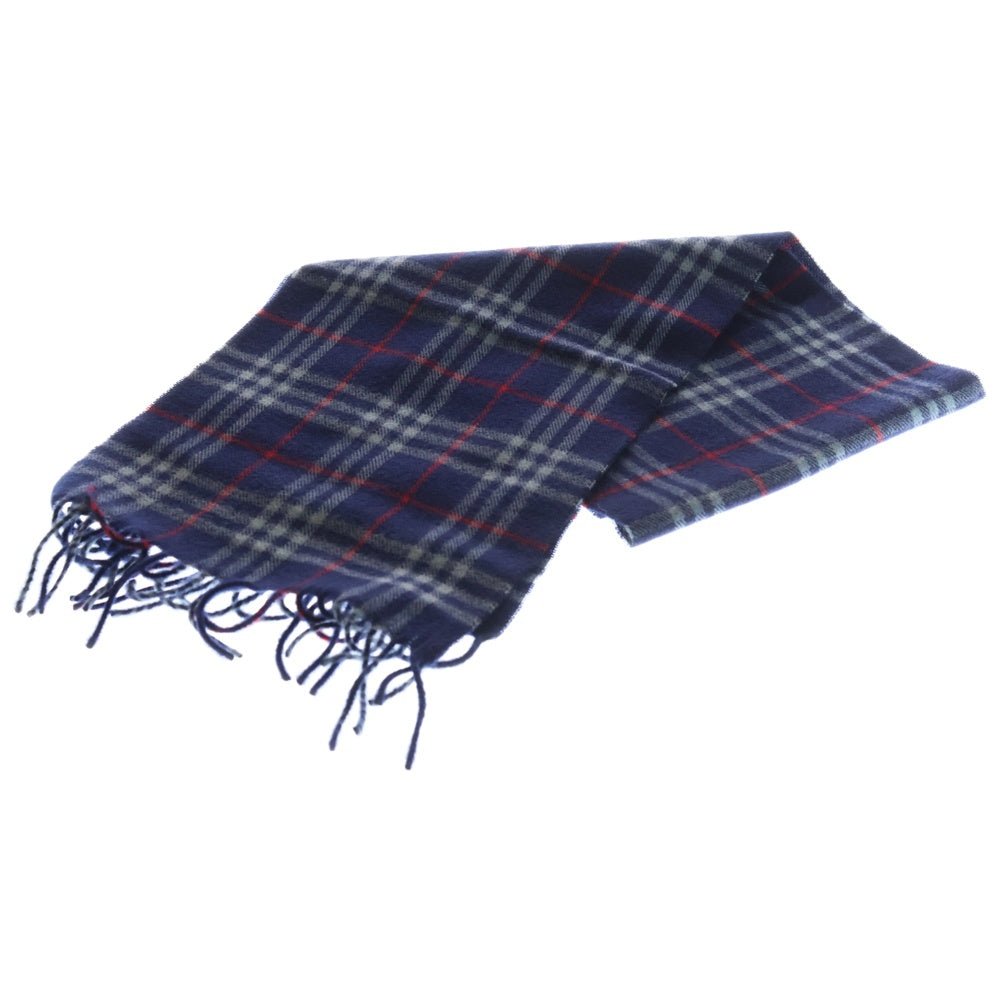 BURBERRY(バーバリー) バーバリーチェックフリンジ付ウールマフラー ブルー