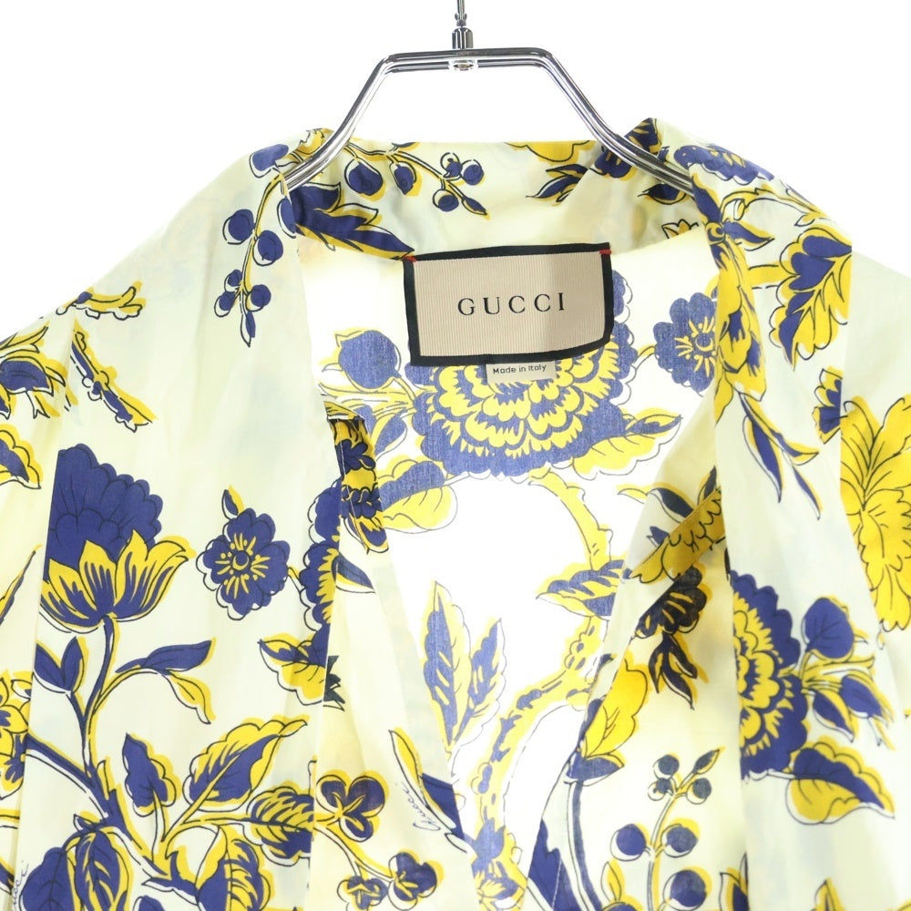 GUCCI(グッチ) フラワー総柄プリント ボウカラー ハーフスリーブ ロング ワンピース イエロー/ネイビー レディース 741698