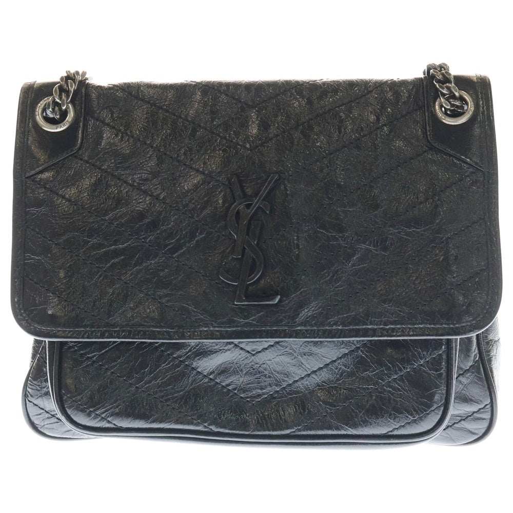 YVES SAINT LAURENT(イヴサンローラン) ニキ カサンドラロゴプレート レザー 2WAY Wチェーン ショルダーバッグ シルバー金具 ブラック 633158