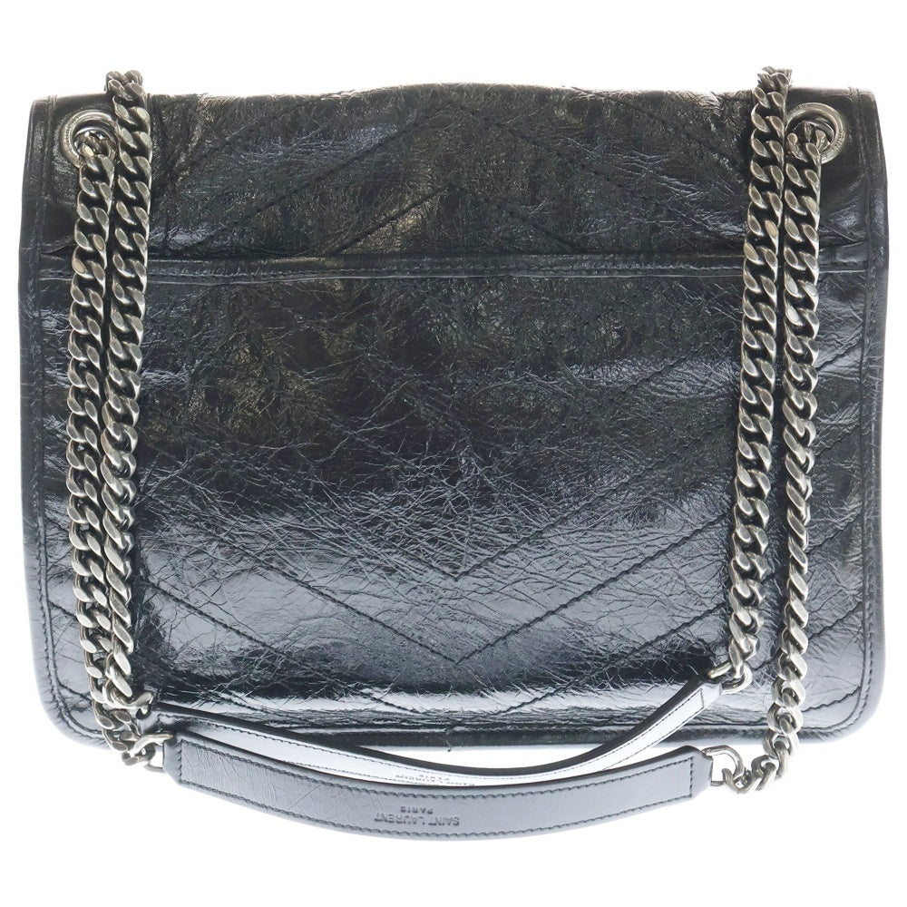 YVES SAINT LAURENT(イヴサンローラン) ニキ カサンドラロゴプレート レザー 2WAY Wチェーン ショルダーバッグ シルバー金具 ブラック 633158