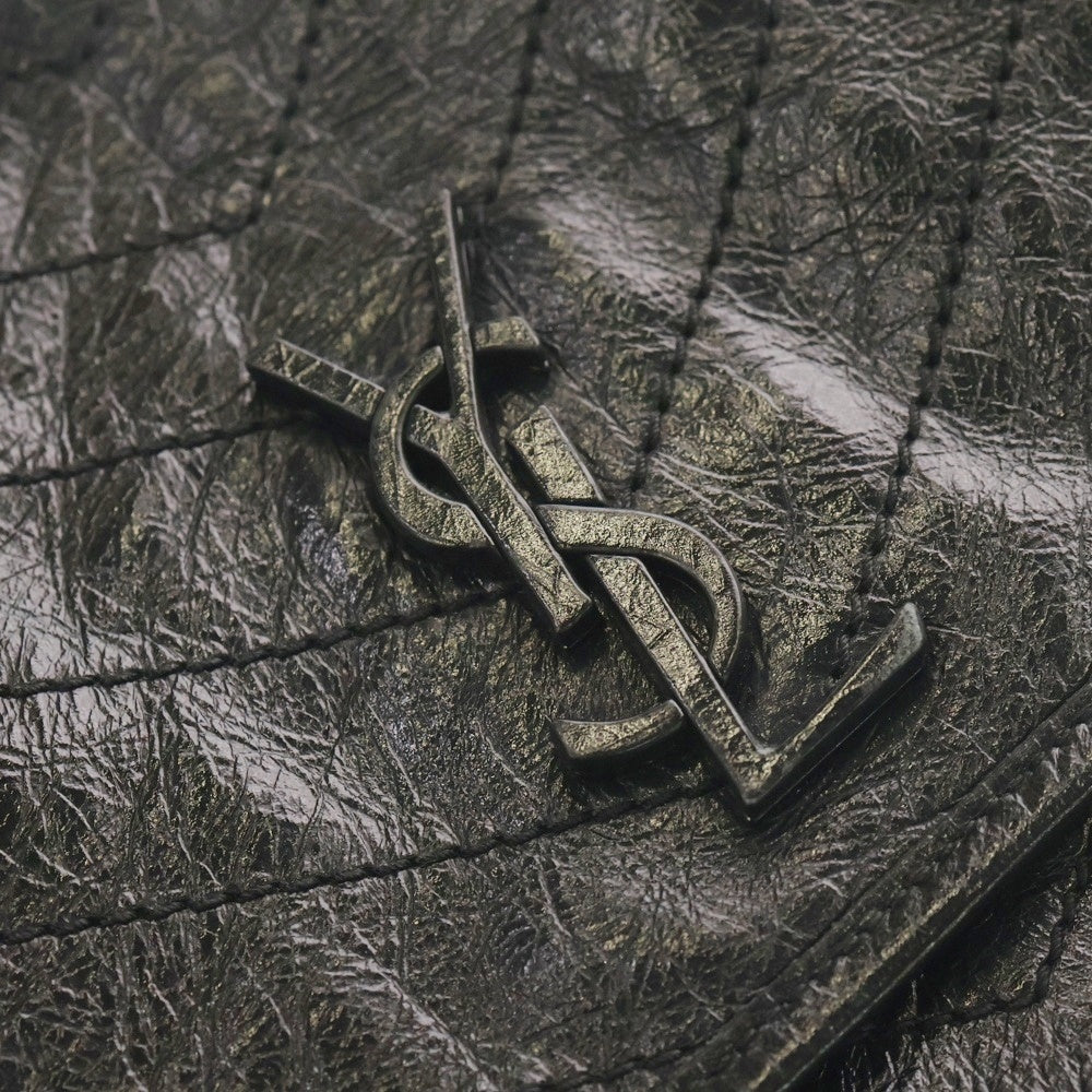 YVES SAINT LAURENT(イヴサンローラン) ニキ カサンドラロゴプレート レザー 2WAY Wチェーン ショルダーバッグ シルバー金具 ブラック 633158