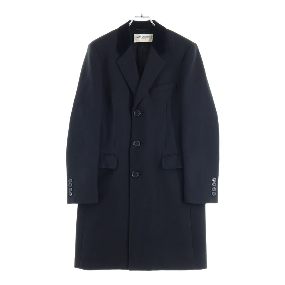 SAINT LAURENT PARIS(サンローランパリ) ベロア切り替え シルク混 ウール 3B テーラードカラー チェスターコート ブラック 440148