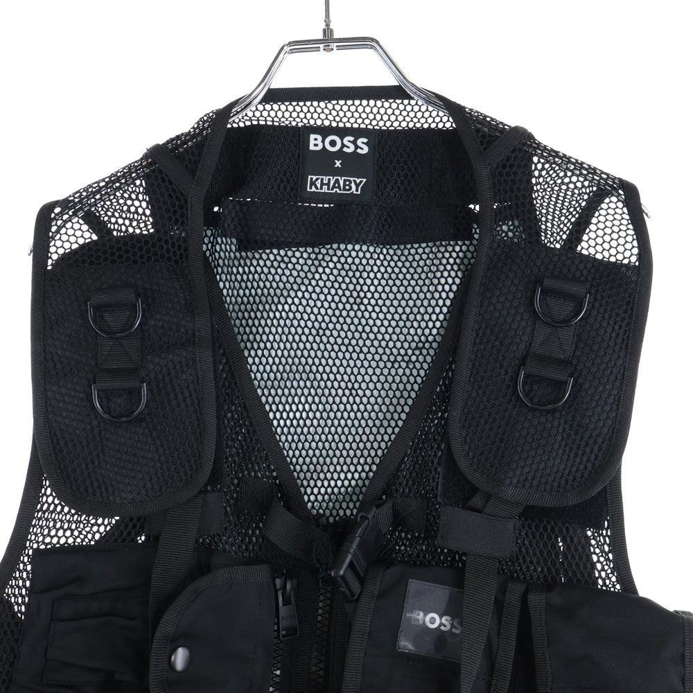 BOSS(ボス) ×KHABY カビー ラメ ワッペンロゴ メッシュ ナイロン テクニカル マルチポケット ジップアップ ベスト ブラック 10250002