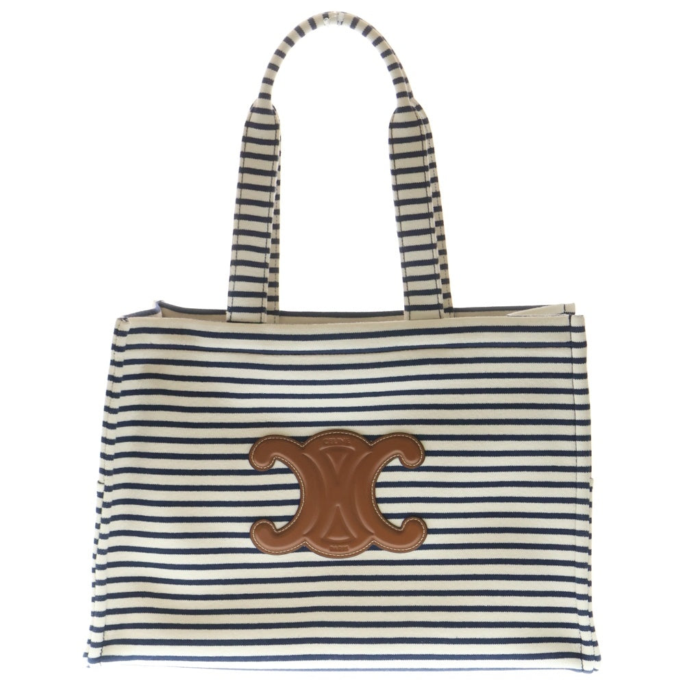 CELINE(セリーヌ) カバタイス ラージ トートバッグ ボーダー ホワイト×ネイビー キャンバス レディース