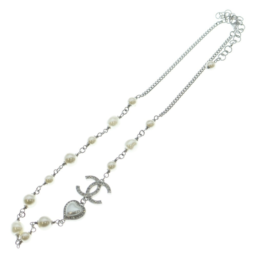 CHANEL(シャネル) ココマークパールネックレス ハート ペンダント チェーン シルバー×ホワイト レディース