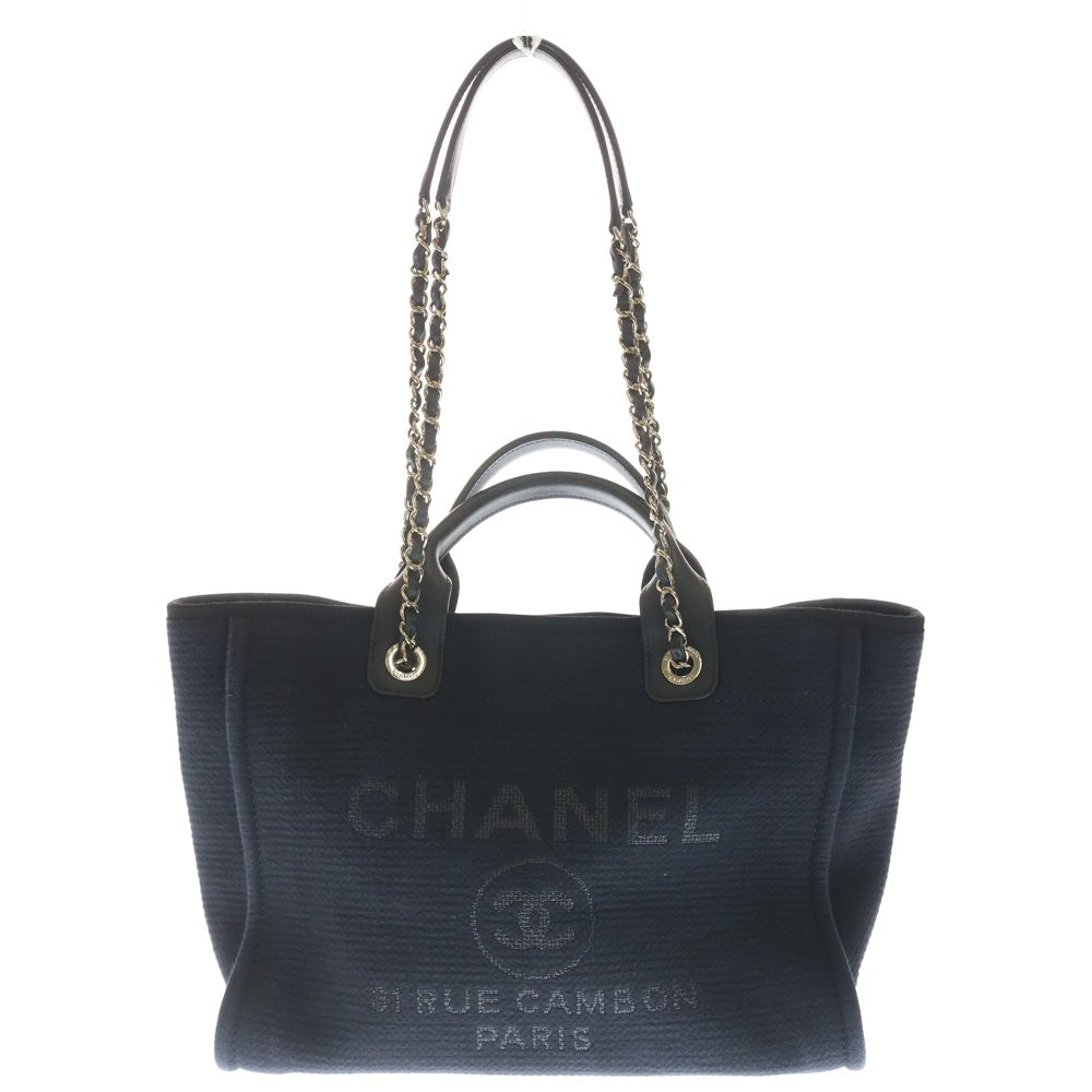 CHANEL(シャネル) ドーヴィル チェーントートバッグ ハンドバッグ ダークネイビー キャンパス ゴールド金具 レディース