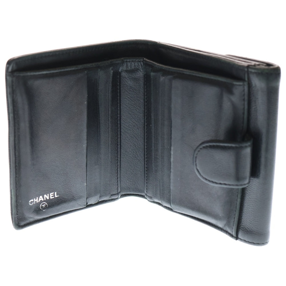 CHANEL(シャネル) ココマーク 三つ折り財布 コンパクトウォレット コインケース ブラック キャビア レザー シルバー金具 レディース