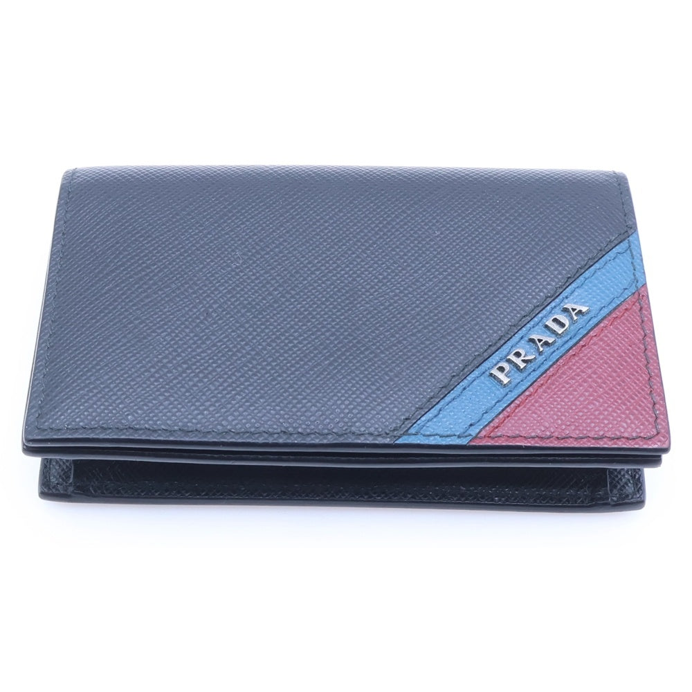PRADA(プラダ) サフィアーノ ロゴ 名刺入れ コインケース 小物入れ カードケース ブラック×ボルドー×ブルー レザー シルバー金具 レディース