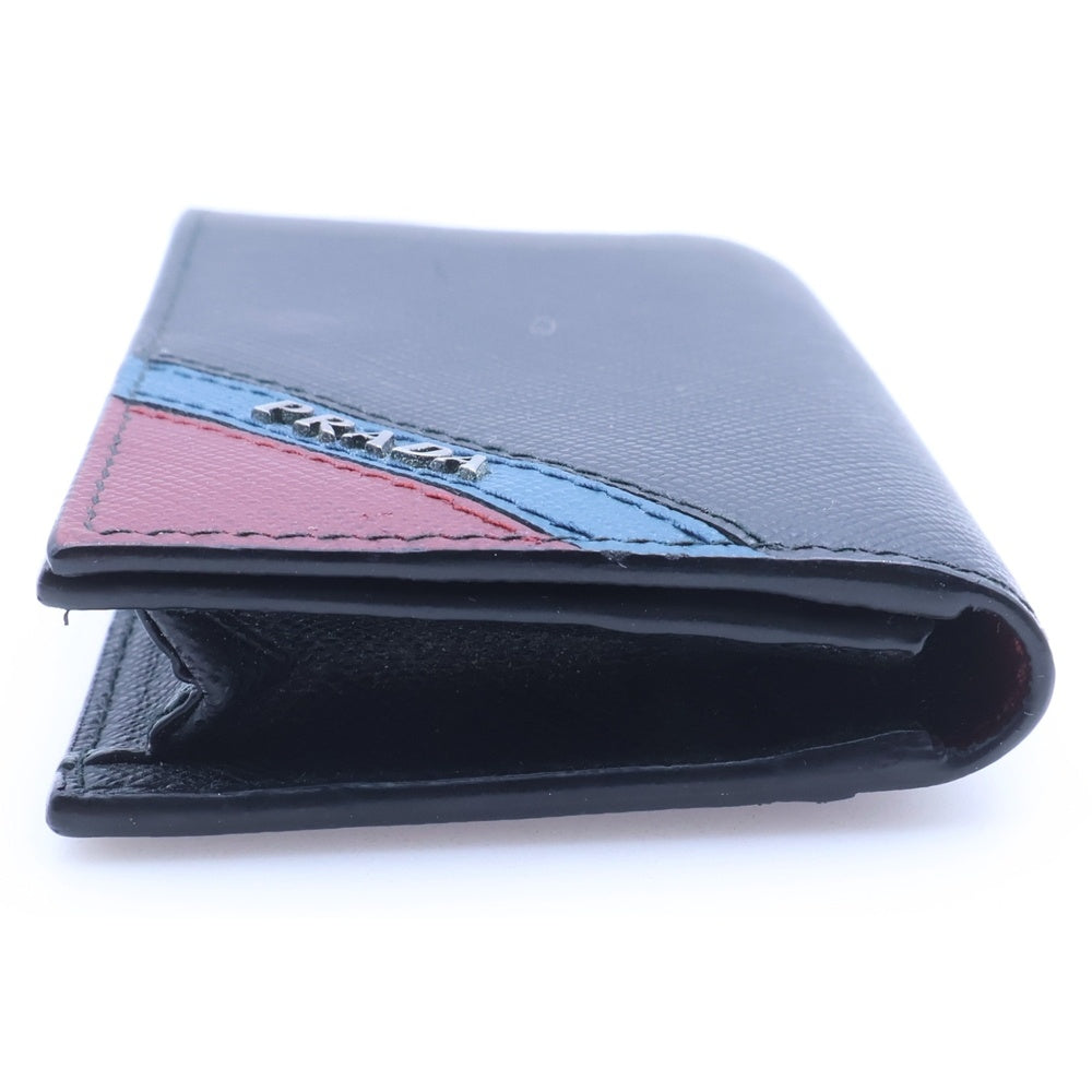 PRADA(プラダ) サフィアーノ ロゴ 名刺入れ コインケース 小物入れ カードケース ブラック×ボルドー×ブルー レザー シルバー金具 レディース