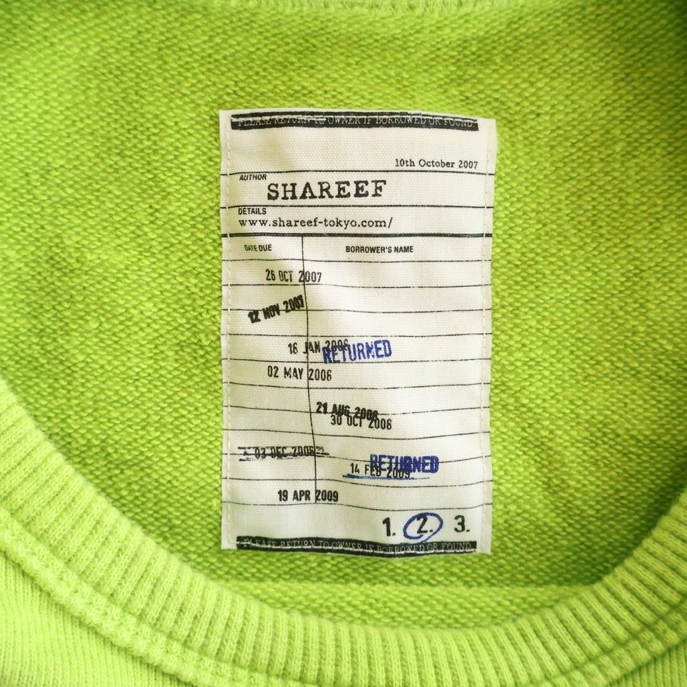 SHAREEF(シャリーフ) SEPARATE SLEEVE BIG SWEAT 金具付きデザイン クルーネックコットン長袖スウェットトレーナー ライムグリーン