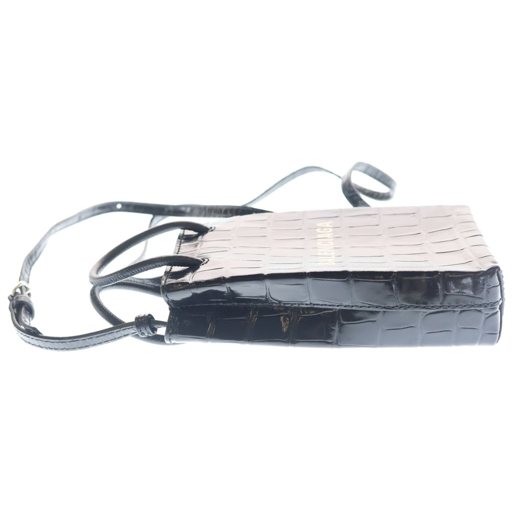 BALENCIAGA(バレンシアガ) ショッピング フォンホルダー ミニバッグ ブラック クロコ型押し 593826 シルバー金具 レディース