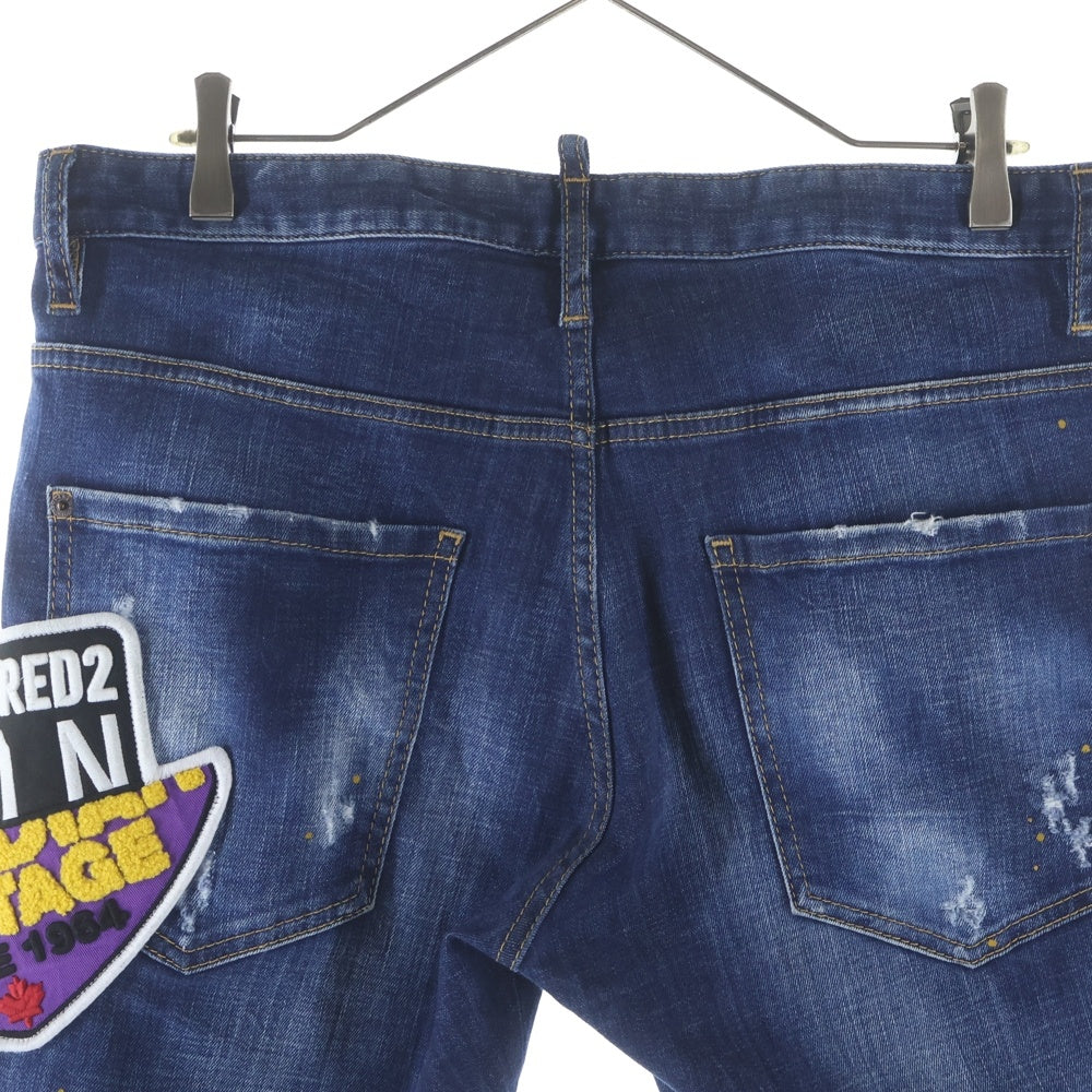 DSQUARED2(ディースクエアード) ワッペンロゴ ダメージ加工 ストレッチ スリムスキニー デニムパンツ ジーンズ インディゴ S79LA0018 S30342