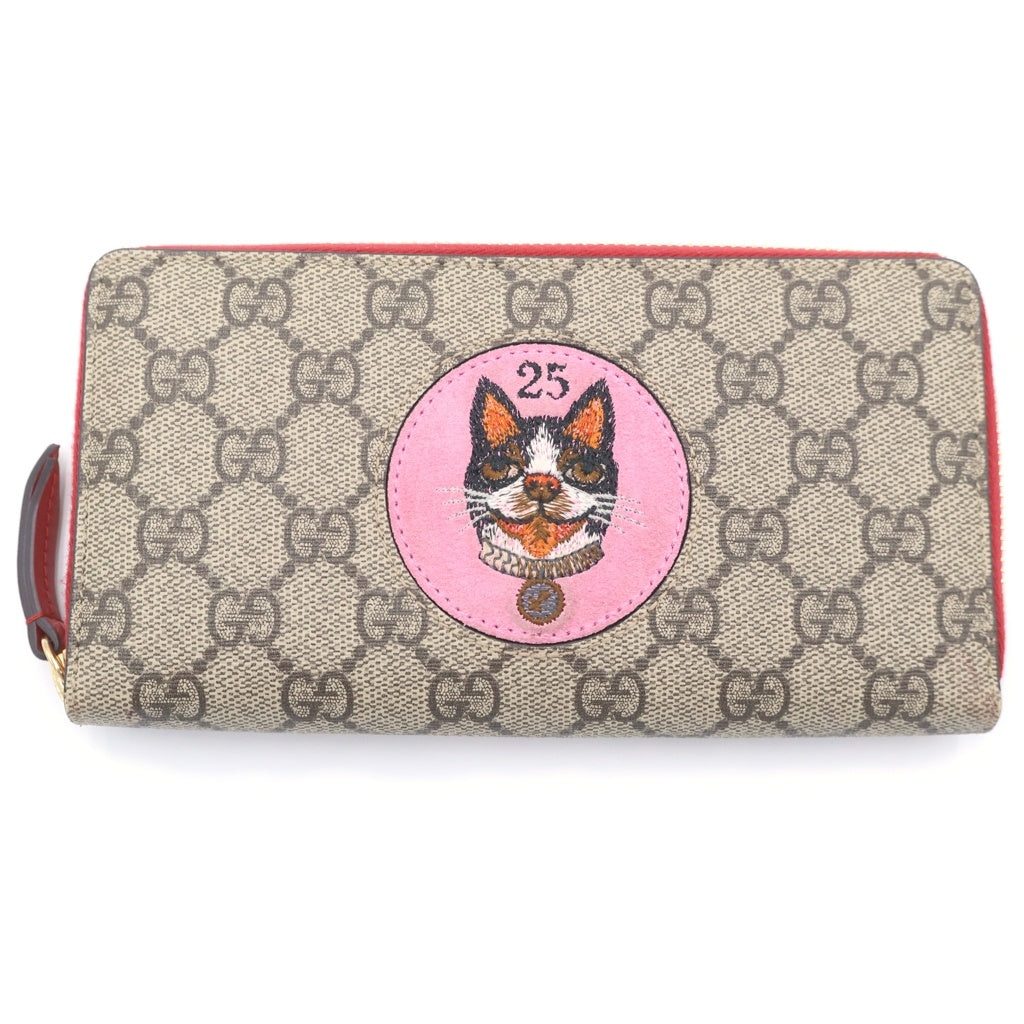 GUCCI(グッチ) GGスプリーム ボスコ ラウンドファスナー長財布 ロングウォレット カードケース レッド×ベージュ PVC 506279 ゴールド金具 レディース