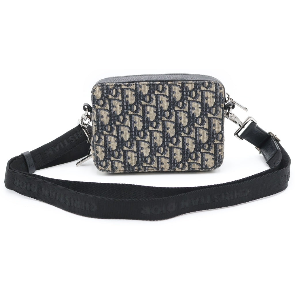 DIOR(ディオール) オブリーク メッセンジャーバッグ ミニバッグ ショルダーバッグ ベージュ/ネイビー レザー/キャンバス シルバー金具 レディース