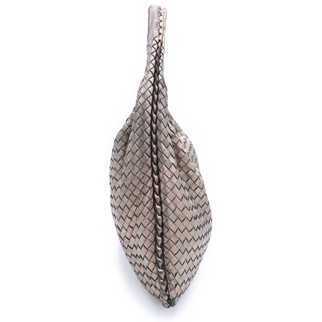BOTTEGA VENETA(ボッテガヴェネタ) イントレチャート ワンショルダーバッグ ハンドバッグ トートバッグ メタリックゴールド×ブラック レザー シルバー金具 レディース
