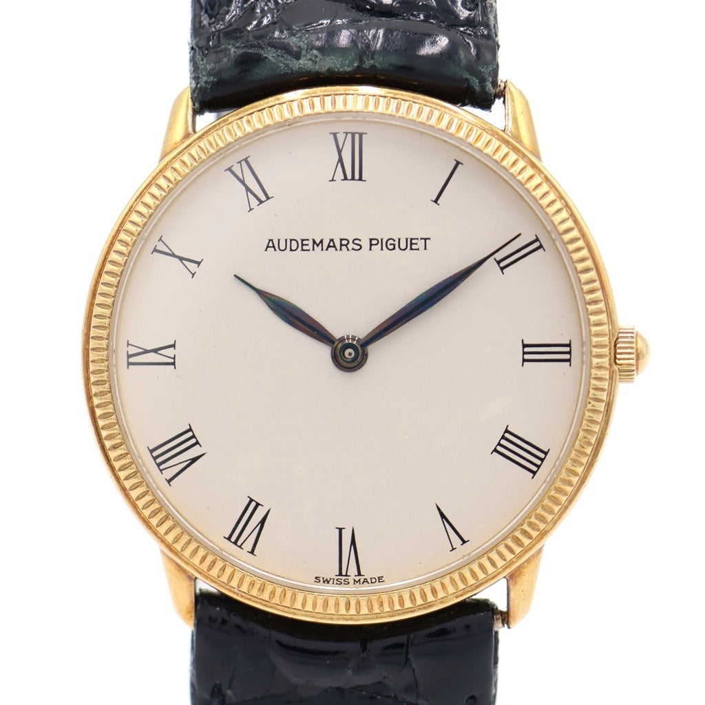 AUDEMARS PIGUET(オーデマ ピゲ) ドレスウォッチ 白文字盤 レザーベルト クォーツ 腕時計 K18YG イエローゴールド/ブラック