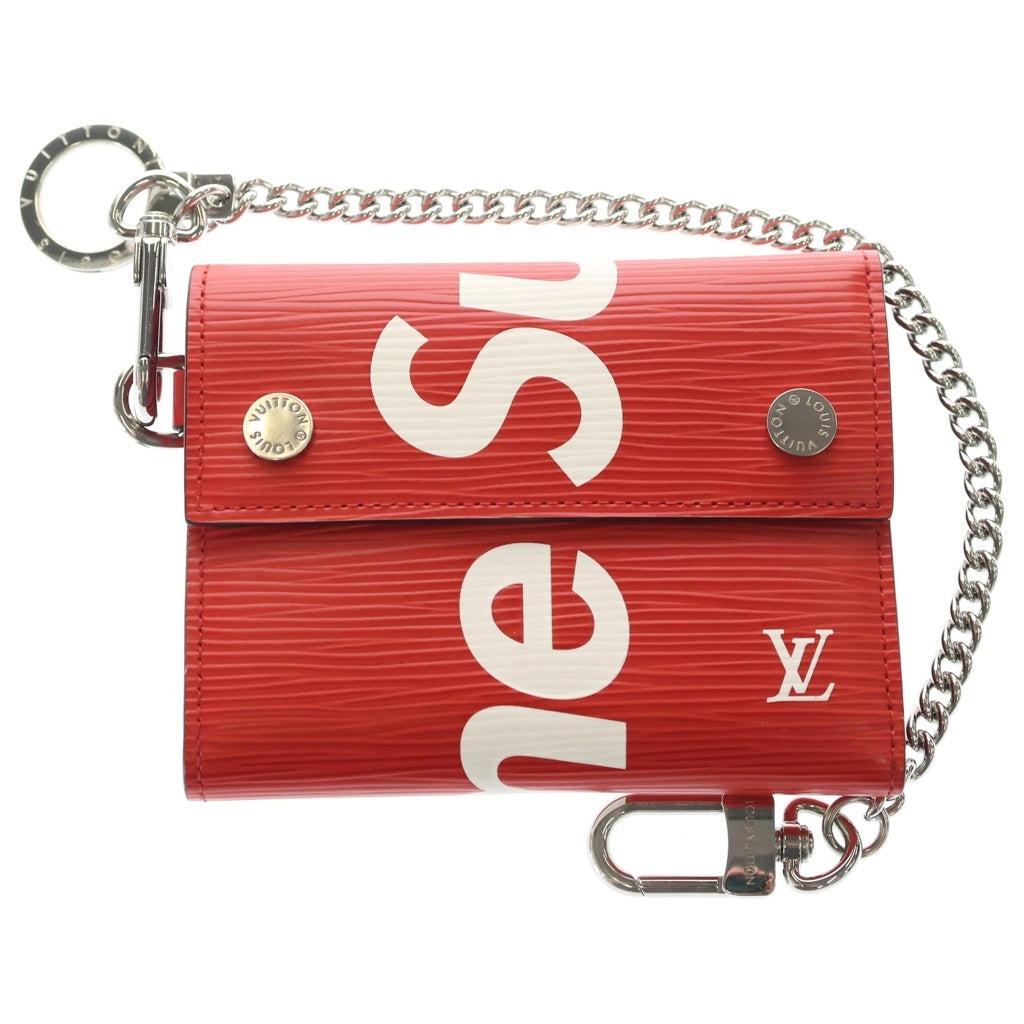 SUPREME(シュプリーム) エピ チェーンコンパクトウォレット 三つ折り財布 コインケース レッド×ホワイト レザー PVC M67755 シルバー金具