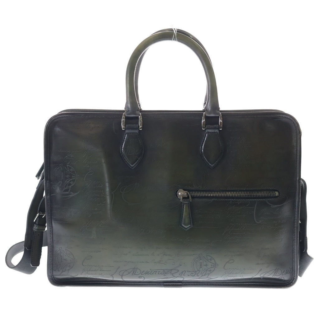 Berluti(ベルルッティ) カリグラフィ ブリーフケース ハンドバッグ ビジネスバッグ ショルダーバッグ グリーン レザー シルバー金具