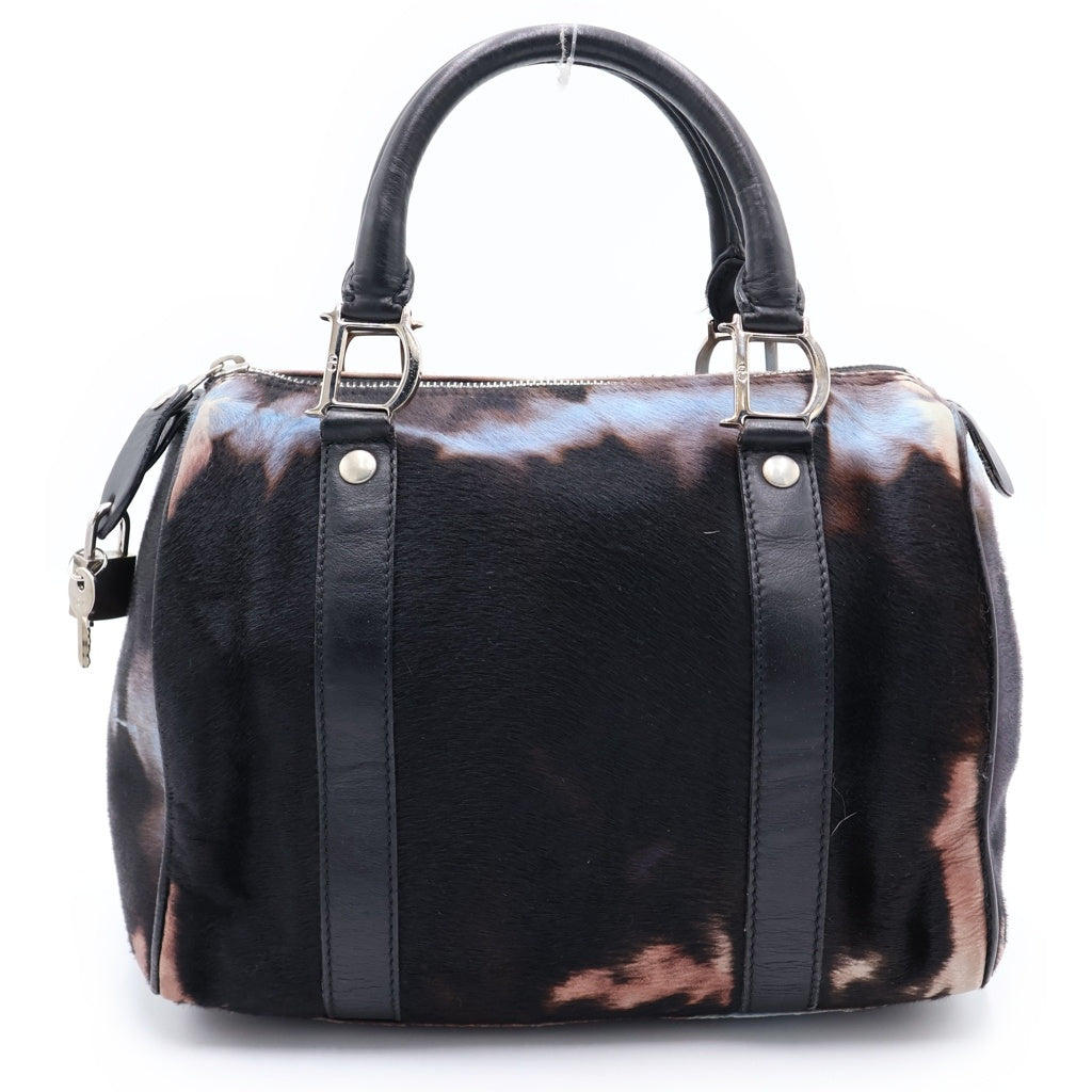 Christian Dior(クリスチャンディオール) D金具 ハラコ レザー ミニボストンバッグ ハンドバッグ ブラック レディース
